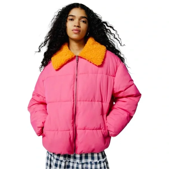 Urban Outfitters Neon Pink Duckie Faux Shearling Women Small Puffer Jacket NEW - Picture 5 of 16
